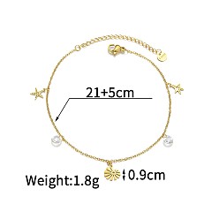Прозрачный Богемный стиль 304 браслеты на лодыжку из нержавеющей стали с подвесками в виде солнечных звезд и плоских круглых фианитов, реальный 18 k позолоченный, прозрачные, 8-1/4 дюйм (210 мм)