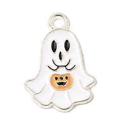Ghost Halloween Alloy Enamel Pendants, Platinum, Ghost Charms, 20x14x1.5mm, Hole: 2mm