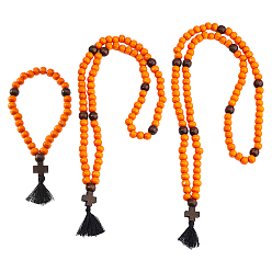 Коралловый 3шт. крест круглый деревянный бисер молитвенные четки подвеска украшение, С полиэфирной кисточкой, коралл, 160~440 мм