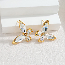 Прозрачный 304 Серьги-гвоздики из нержавеющей стали и кубического циркония, бабочка, золотые, прозрачные, 26 мм