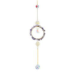 Fluorite Natural Fluorite Chip Hanging Suncatcher Pendant Decoration, Circle Ring Crystal Ceiling Chandelier Ball Prism Pendants, with Stainless Steel Findings, 400mm