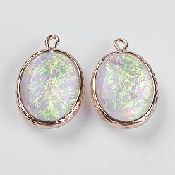 Light Green Resin Pendants, with Brass Findings, Oval, Light Gold, Light Green, 23.5~24x15x7~7.5mm, Hole: 1~2mm