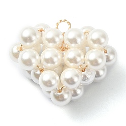 White Shell Pearl Copper Wire Wrapped Pendants, Heart Cluster Charms, Golden, White, 18.5x22x10mm, Hole: 2mm
