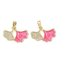 Pink Латунные микро проложить кубического циркония подвески, с эмалью, гингко лист, розовые, 15.5x14.5x3 мм, отверстие : 2.5x4.5 мм