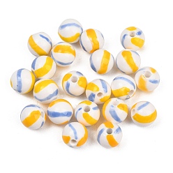 Yellow Handmade Porcelain Beads, Hand Painted, Bright Glazed Porcelain, Round with Stripe, Yellow, 10.5mm, Hole: 2.5mm
