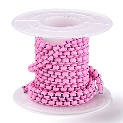 Pearl Pink Eco-friendly Spray Painted Handmade Brass Box Chains, Soldered, with Spool, Pearl Pink, 4x4mm, 32.8 Feet(10m)/roll