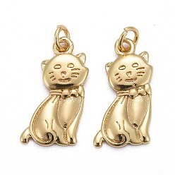 Golden Brass Pendants, Long-Lasting Plated, with Jump Rings, Cat, Golden, 18x9x1.5mm, Jump Ring: 5x0.7mm, Inner Diameter: 3.5mm