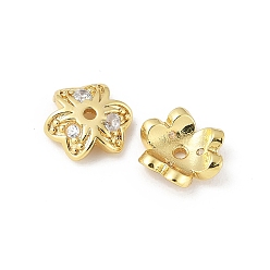 Настоящее золото 18K Латунный микропаве, прозрачная шапочка для бусин из кубического циркония, клевер, реальный 18 k позолоченный, 8x8.5x2.5 мм, отверстие : 1.2 мм