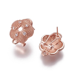 Розовое Золото Латунные серьги-гвоздики из циркония, французские серьги-клипсы, с петлей, цветок, прозрачные, розовое золото , 18x15x12 мм, отверстие : 1.8 мм, штифты : 0.7 мм
