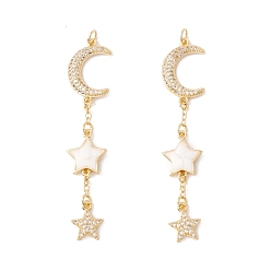 Настоящее золото 18K Реечное покрытие латунь микро паве прозрачный кубический цирконий большие подвески, с прыжковыми кольцами и эмалью, долговечный, без кадмия и без свинца, Луна и звезды, реальный 18 k позолоченный, 65x13.5x3 мм, отверстие : 3.2 мм