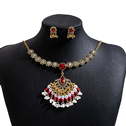 Золотой Комплекты серег и ожерелий из сплава веерных страз и пластикового жемчуга в стиле бохо, золотые, 428 мм