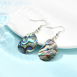 Stainless Steel Color 304 Stainless Steel Dangle Earrings, with Natural Paua Shell Pendants, Oval, Stainless Steel Color, 48~49x17~18mm