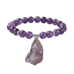 Amethyst Natural Amethyst Round Beaded Stretch Bracelets, with Rough Raw Nugget Charms, Inner Diameter: 2-1/2 inch(6.2cm)