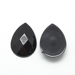 Black Acrylic Rhinestone Flat Back Cabochons, Faceted, Bottom Silver Plated, teardrop, Black, 14x10x3.5mm