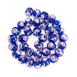 Bleu Moyen  1 Brins de perles rondelles artisanales en verre filé, motif floral intérieur, avec de la poudre d'or, bleu moyen, 8~10x10~11mm, Trou: 0.9~1.4mm, Environ 35 pcs/chapelet, 10.83~11.42'' (27.5~29 cm)