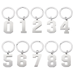 Stainless Steel Color 10Pcs 10 Styles Stainless Steel Keychains, with Rings, Number, Stainless Steel Color, 60mm, 1pc/style