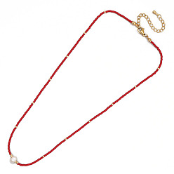 Red Bohemia Style Glass Seed Bead and Pearl Beaded Necklaces for Women, with Stainless Steel Findings, Red, 20.08~31.50 inch(51~80cm)