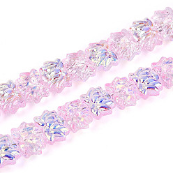 Бледно-Розовый Гальваническое покрытие, прозрачные стеклянные бусины, нити, лотос, с половиным покрытием, с покрытием AB цвета, розовый жемчуг, 9.5~10x13.5~14x6.5~7 мм, отверстие : 1 мм, около 70 шт / нитка, 25.59 дюйм (65 см)