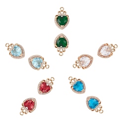 Mixed Color 10Pcs 5 Colors Glass Pendants, with Micro Pave Cubic Zirconia and Brass Open Back Settings, Faceted, Heart with Crown, Light Gold, Mixed Color, 17.5x11.5x5.5mm, Hole: 1.4mm, 2pcs/color