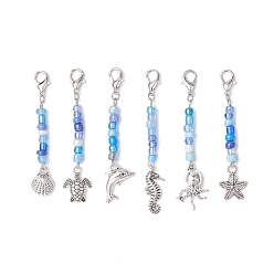 Васильковый 6 шт. подвесные украшения из цинкового сплава в виде морских животных, стеклянные бусины и застежки-клешни для украшений сумок, васильковый, 53.5~63 мм, Кулон : 13~21.5x9.5~14.5x2.5~5 мм, застежка : 12x6.5x3 mm