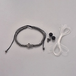 Gunmetal Brass Braided Bead Bracelets, with Brass Micro Pave Cubic Zirconia Beads, Nylon Thread, Natural Agate Beads and Elastic Crystal Thread, Cross, Gunmetal, 2-1/8 inch~3-7/8 inch(5.5~10cm)