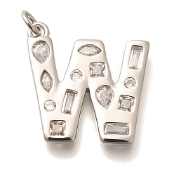 Letter W Латунные микропаве прозрачные подвески с фианитом, с целью перехода в кольце, без свинца и без кадмия, долговечный, стойки покрытие, письмо амулеты, платина, Буква W, 20.5x20x2.7 мм, Перейти кольцо: 5x1 мм, 3 mm внутреннего диаметра.