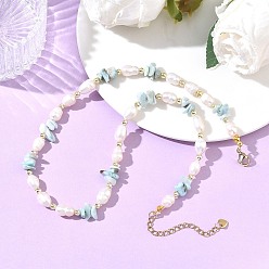 Larimar Natural Larimar Chip & Rice Cultured Freshwater Pearl Beaded Necklaces for Women, Golden, 16.93 inch(43cm)