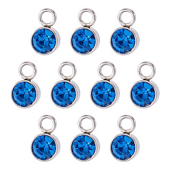 Свет Сапфира 10 шт. подвески из стеклянных страз, марш камень, с цветным тоном нержавеющей стали 201 фурнитура из нержавеющей стали, плоско-круглые, света сапфир, 10x6x5 мм, отверстие : 2 мм