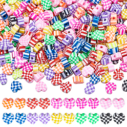 Mixed Color 300Pcs Handmade Polymer Clay Beads, Heart with Tartan Pattern, Mixed Color, 8x9x4.5mm, Hole: 1.8mm
