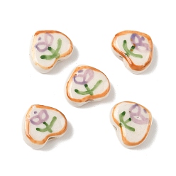 Желтый Фарфоровые бусины ручной работы, Сердце со цветками , желтые, 12~12.5x14~15x6.5~7 мм, отверстие : 1.8 мм