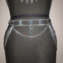 Платина Сплав акриловые стразы прямоугольник и каплевидная сексуальная юбка цепи для тела для ночного клуба, платина, 700~900 мм