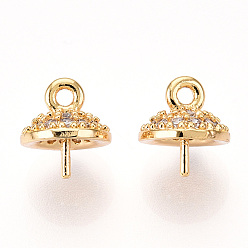 Настоящее золото 18K Латунные микропейв прозрачные кубические циркониевые шпильки, держатели чашки, за половину пробурено бисера, реальный 18 k позолоченный, 7.5x7 мм, отверстие : 1.2 мм, штифты : 0.7 мм