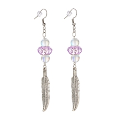 Medium Orchid Feather with Round Beads Long Dangle Earrings for Girl Women, Antique Silver, Medium Orchid, 95.5mm, Pin: 0.7mm
