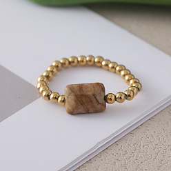 Пейзажный Джаспер Регулируемые кольца из натуральной яшмы с бусинами из нержавеющей стали, золотые, внутренний диаметр: регулируемый