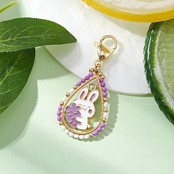 Фиолетовый Пасхальная капля стеклянный бисер и эмалированный кролик подвеска украшения, с 304 из нержавеющей стали Lobster Claw застежками, фиолетовые, 48 мм