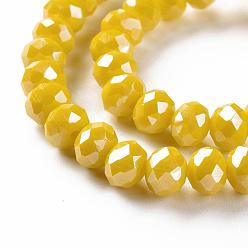 Yellow Electroplate Glass Beads Strands, Pearl Luster Plated, Faceted, Rondelle, Yellow, 8x6mm, Hole: 1~1.4mm, about 67~72pcs/strand, 16.14~16.53 inch(41~42cm)