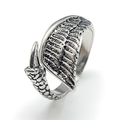 Antique Silver Adjustable Alloy Cuff Finger Rings, Wing, Size 10, Antique Silver, 20mm
