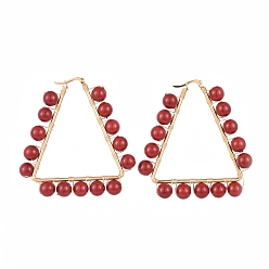 Rot (Schmuckpartys im Fabrikverkauf) Creolen, mit Muschelkernperlen, Kupferdraht mit 304 Edelstahl-Creolen, Dreieck, golden, rot, 63x59x8 mm, Stift: 1.5 mm