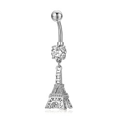 Clear Piercing Jewelry, Brass Cubic Zirciona Navel Ring, Belly Rings, with 304 Stainless Steel Bar, Lead Free & Cadmium Free, Eiffel Tower, Clear, 44mm, Pendant: 22x10mm, Bar: 14 Gauge(1.6mm), Bar Length: 3/8"(10mm)