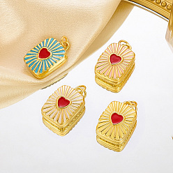 Настоящее золото 18K Латунь эмаль Locket подвески, Прямоугольник с сердцем, реальный 18 k позолоченный, 23x16x7.5 мм, отверстие : 4 мм, внутренний диаметр: 17.5x11.5 мм