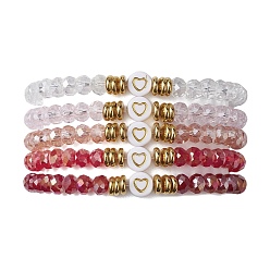 Brique Rouge 5 Ensemble de bracelets extensibles en perles de verre, de laiton et d'acrylique, bracelets empilables coeur, firebrick, diamètre intérieur: 2-1/8 pouce (5.4 cm)