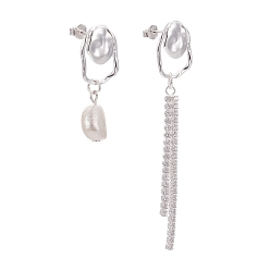 Посеребрённый 925 серьги из стерлингового серебра, асимметричные серьги, с уха орехов, натуральный жемчуг и прозрачный кубический цирконий, белые, 925 серебро покрытием, 31 mm и 59 mm, штифты : 0.7 мм