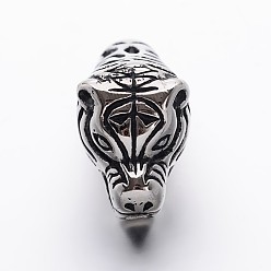 Античное Серебро Из нержавеющей стали крупные бусины отверстие, леопард головы, античное серебро, 35x16x20 мм, отверстие : 8 мм