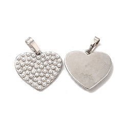 Platinum Plastic Imitation Pearl Pendants, with Rack Plating Brass Findings, Cadmium Free & Lead Free, Long-Lasting Plated, Heart Charm, Platinum, 16x18.5x2mm, Hole: 6x3mm