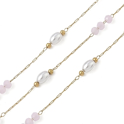 Розовый 304 кабельные цепи из нержавеющей стали, со стеклом и АБС-пластиком, имитация жемчуга, ионное покрытие (ip), реальный 18 k позолоченный, пайки, с катушкой, круглый с овалом, туманная роза, 9.5x3.5 мм, около 32.81 футов (10 м) / рулон