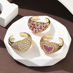 (52) Непрозрачная лаванда Кольца-манжеты в форме сердца из латуни с микропаве из кубического циркония для женщин, без кадмия и без свинца, стойки покрытие, реальный 18 k позолоченный, разноцветные, 13 мм, внутренний диаметр: 19 мм