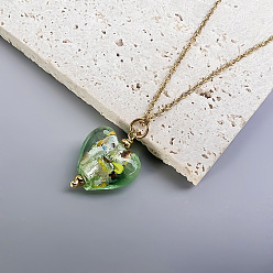 Lime Green Handmade Lampwork Heart Pendant 201 Stainless Steel Cable Chain Necklaces for Women, Golden, Lime Green, 15.75 inch(40cm)