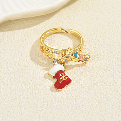 Золотой Рождественские кольца-манжеты с микропаве из кубического циркония для женщин, носок с конфетой, с эмалью, золотые, внутренний диаметр: 16мм~18мм