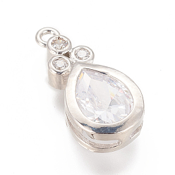 Platinum Brass Micro Pave Clear Cubic Zirconia Pendants, Teardrop, Platinum, 18.5x8.5x4mm, Hole: 1.4mm