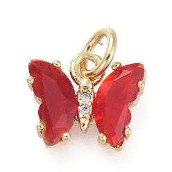 Red Brass Micro Pave Clear Cubic Zirconia Pendant, with Glass, Butterfly, Golden, Red, 11x9.5x3mm, Hole: 3.5mm